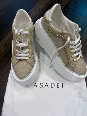 Casadei Gold Linen-Texture Low-Top Sneakers with White Platform
